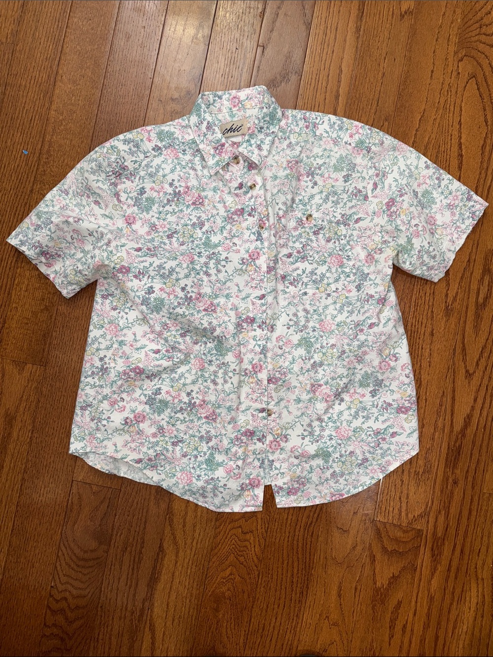Vintage Chic Brand Floral Button-Down Shirt - White with Pink & Green